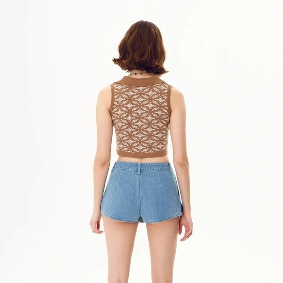 Johnny polo collar v-neck sleeveless Cropped jacquard knit sweater vest size L - Picture 4 of 10